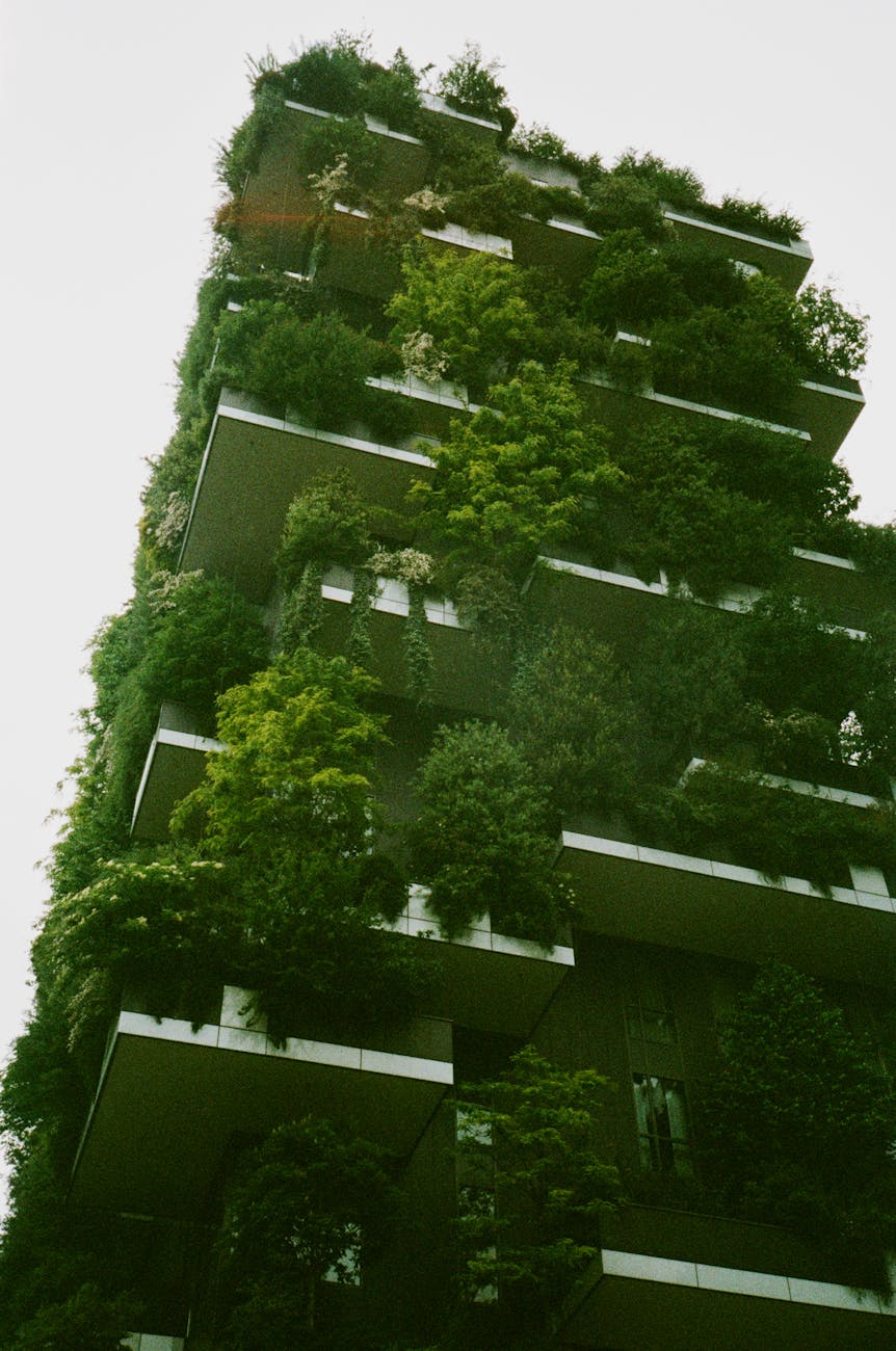 white building exterior surrounded trees and gardens